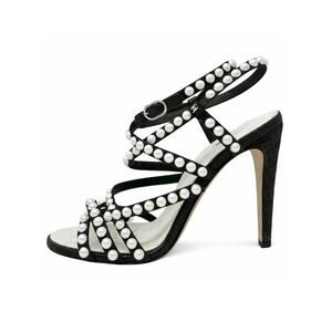 Chanel Black Pearl Strappy‎ Heels Size 39 Leather Sandals